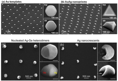 SEM images of arrays of Au templates and AgAu triangles (top) and AgGe heterodimers and Ag nanocrescents (bottom).